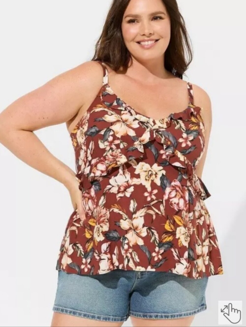Torrid Brown Floral Ruffle Cami, Flattering Tank Top, Size 1X